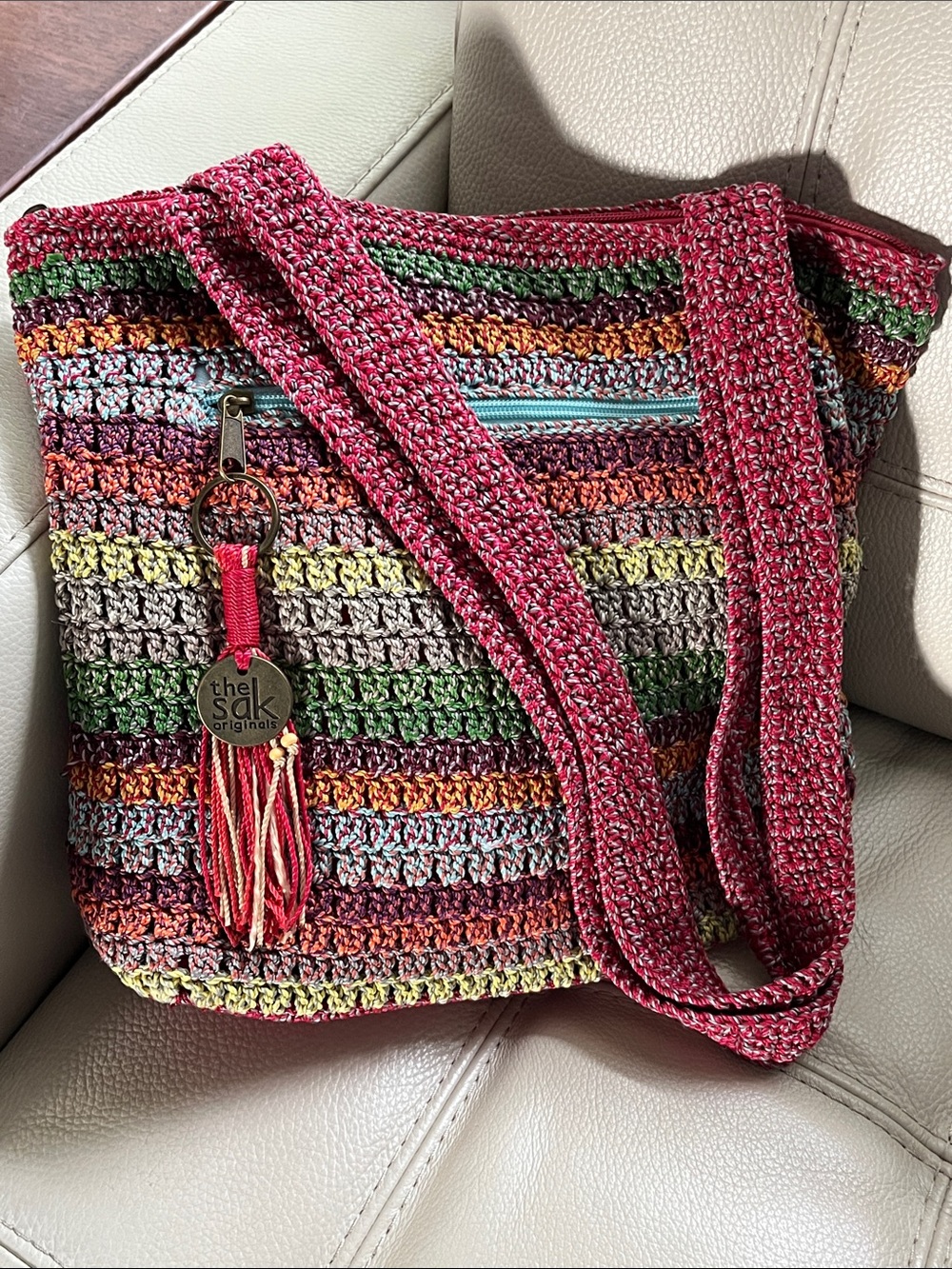 The Sak Multicolor Crochet Shoulder Bag with Pink Strap
